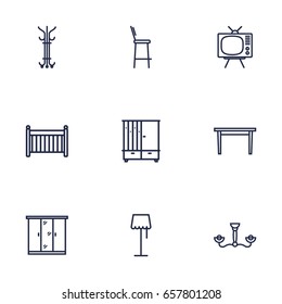 Set Of 9 Situation Outline Icons Set.Collection Of Table, Closet, Floor Lapm And Other Elements.