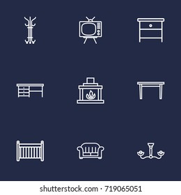 Set Of 9 Situation Outline Icons Set.Collection Of Desk, Armchair, Table And Other Elements.