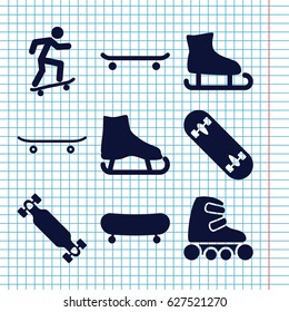 Set of 9 skate filled icons such as skateboard, skate board, skating