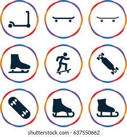 set of 9 skate filled icons such as kick scooter, skateboard, skating