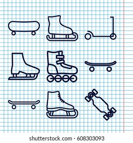 Set of 9 skate outline icons such as kick scooter, skateboard, skate board, skating