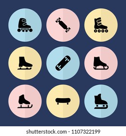 Set of 9 skating filled icons such as ice skate, skate, skating