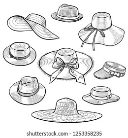 Set 9 sketches fashion women's straw hats  Hand drawn vector illustration  Isolated