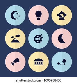Set of 9 sky filled icons such as observatory, air balloon, mountain, luggage compartment in airplane, plane, tree and bench, falling star, moon and stars
