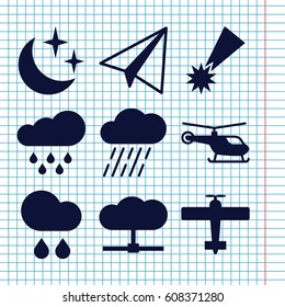 Set of 9 sky filled icons such as helicopter, paper airplane, rain, moon and stars, plane, falling star