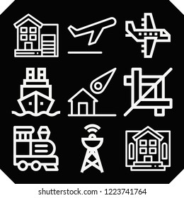 Set of 9 sky outline icons such as train, aeroplane, house, ship, meteorite, take off, crop