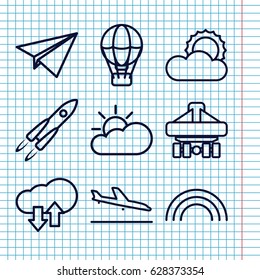 Set of 9 sky outline icons such as plane landing, cargo plane back view, sun, sun cloud, rainbow, download upload cloud, paper plane, rocket