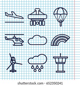 Set of 9 sky outline icons such as plane landing, airport tower, cargo plane back view, cloud, rain, helicopter, rainbow