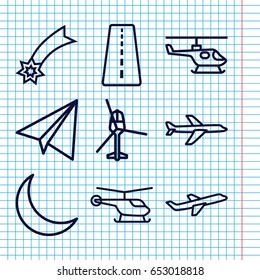 Set of 9 sky outline icons such as runway, helicopter, paper airplane, plane, crescent
