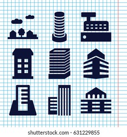 Set of 9 skyscraper filled icons such as building, business center building