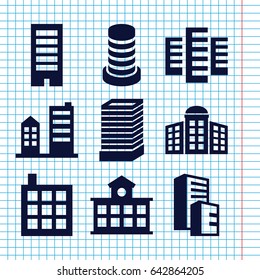 Set of 9 skyscraper filled icons such as building   isolated  sign symbol, building