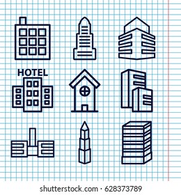 Set of 9 skyscraper outline icons such as business center building, business center, building, builidng