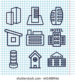 Set of 9 skyscraper outline icons such as business center building, building, house builidng, builidng