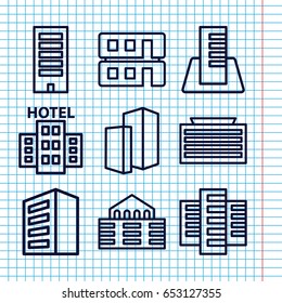 Set of 9 skyscraper outline icons such as building, business center building, house builidng