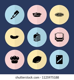 Set of 9 slice filled icons such as lemon, cutter, piece of cake, pie, chopping board and knife, cucumber, sandwich