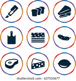 set of 9 slice filled icons such as cutter, sandwich, cucumber, lemon, beef, bread, chopping board, cheese