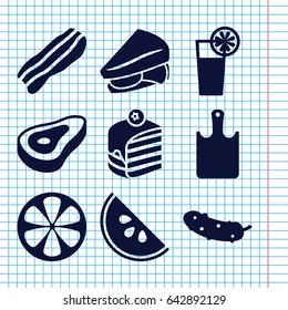 Set of 9 slice filled icons such as beef, piece of cake, sandwich, cucumber, lemon, cocktail, bacon, chopping board