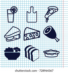 Set of 9 slice filled and outline icons such as beef, bread slices, food, pizza, sandwich, pie, cocktail, chopping board