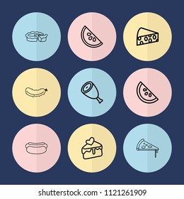 Set of 9 slice outline icons such as beef, cake slice, watermelon, cheese, pizza, cucumber