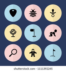 Set of 9 small filled icons such as mirror, ladybug, guitar mediator, flag, pacifier, baby