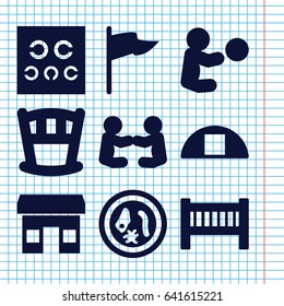 Set of 9 small filled icons such as baby bed, cargo barn, eye test, microorganism, flag