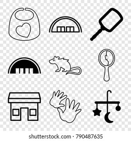 Set of 9 small filled and outline icons such as barn, bed mobile, mirror, store, mouse, baby bid
