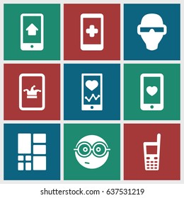 set of 9 smart filled icons such as poker on phone, nerd emoji, heartbeat on phone, heart mobile, old phone, grid