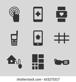 Set of 9 smart filled icons such as touchscreen, old phone, grid, home on phone display, smart home
