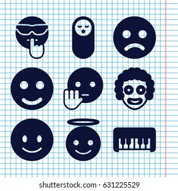 Set of 9 smile filled icons such as baby food, piano toy, smiling emot, emoji angel, bye emot, cool emot, clown, smile