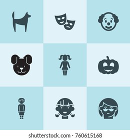 Set of 9 smile filled icons such as theatre mask, clown, pumpkin, grandmother, dog