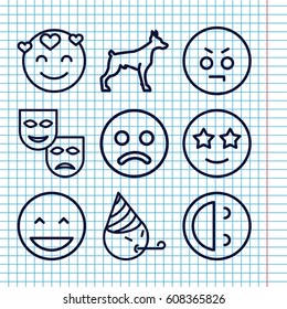 Set of 9 smile outline icons such as dog, laughing emot, angry emot, happe emoji with star eyes, sad smiley