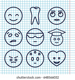 Set of 9 smile outline icons such as tooth, heart face, smiling emot, cool emot in sunglasses
