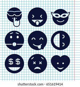 Set of 9 smiley filled icons such as emoji in mask, laughing emot, emot showing tongue, dollar smiley