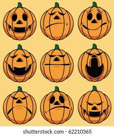 Set of 9 smiley pumpkin faces: in various facial expressions