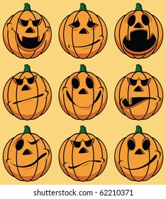 Set of 9 smiley pumpkin faces: in various facial expressions
