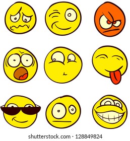 A set of 9 smileys for every taste. Done in comic doodle style.