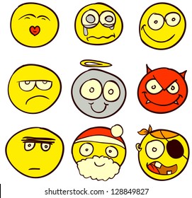 A set of 9 smileys for every taste. Done in comic doodle style.