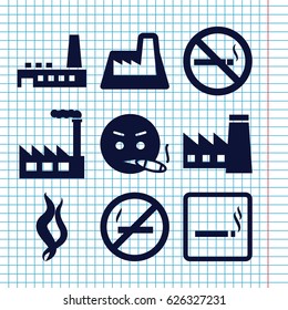 Set of 9 smoke filled icons such as smoking area, factory, smoking emot, no smoking