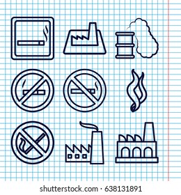 Set of 9 smoke outline icons such as smoking area, no smoking, factory, smoke