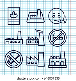 Set Of 9 Smoke Outline Icons Such As Factory, Fire Protection, No Smoking