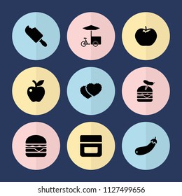 Set of 9 snack filled icons such as apple, cream, burger with sausage, cheeseburger, aubergine, cookies, ice cream