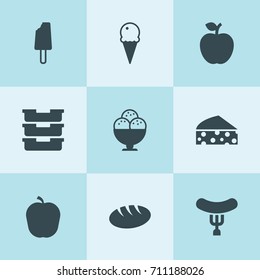 Set of 9 snack filled icons such as apple, bread, cheese, container, sausage