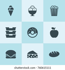 Set of 9 snack filled icons such as apple, bread, cheese, container, popcorn, burger, donut, ice cream