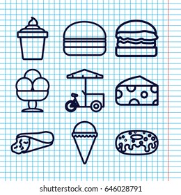 Set of 9 snack outline icons such as cheese, wrap sandwich, ice cream, ice cream in can, donut, burger
