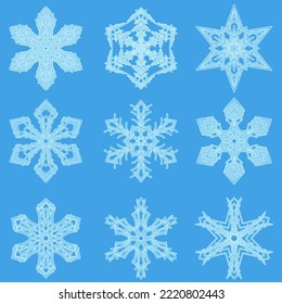 Set of 9 snowflakes. For Christmas design. New Year decoration.