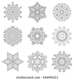 Set of 9 snowflakes in gray colors. Vector christmas abstract white background with falling snowflakes.