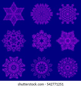 Set of 9 snowflakes. Vector christmas abstract blue background with falling snowflakes.