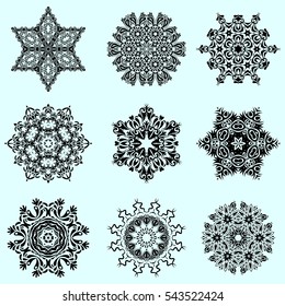 Set of 9 snowflakes. Vector christmas abstract neutral background with falling snowflakes.