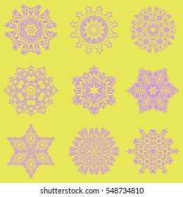Set of 9 snowflakes. Vector christmas abstract yellow background with falling snowflakes.