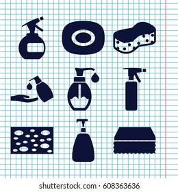 Set of 9 soap filled icons such as soap, spray bottle, sponge